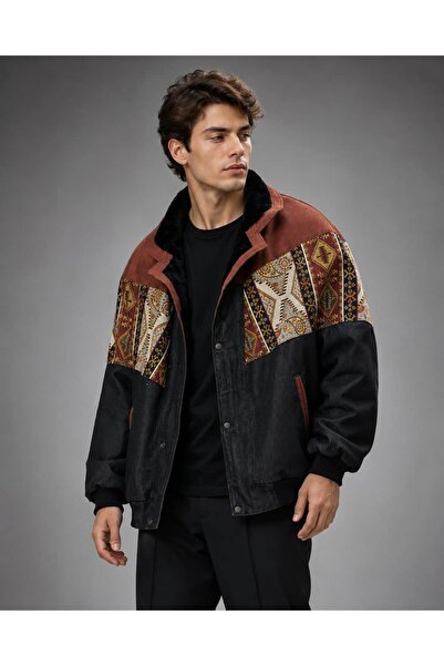 CANMODA (8017) Recien Unisex Fur Collar Vintage Aztec Jacket Oversize 90S Coa...