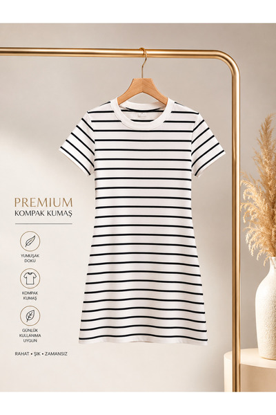 Parkur Striped Compact Fabric Short Sleeve Mini Dress