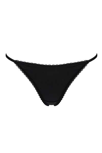 Zumzeria Black Satin String Thong with Lace - One Size