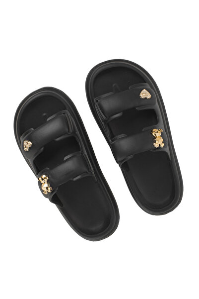 Zumzeria Black Sandals with Double Strap Buckle & Gold Pins