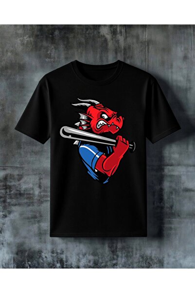 COMVİCHO Red Horn Baseball Bat Printed Oversized T-Shirt