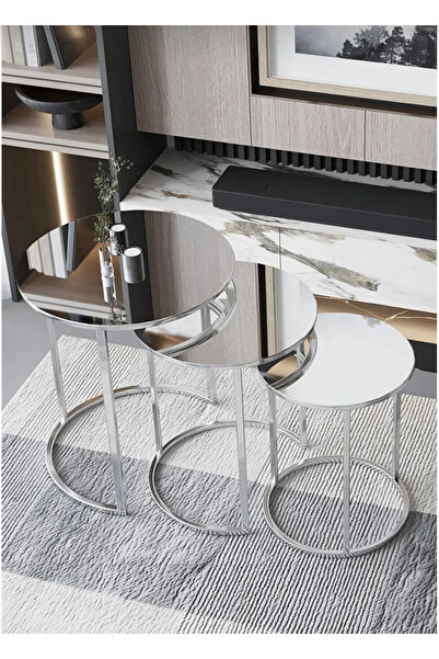 MervishDecor Gümüş Metal Aynalı 3’lü C Zigon Sehpa Takımı – Modern Yuvarlak T...