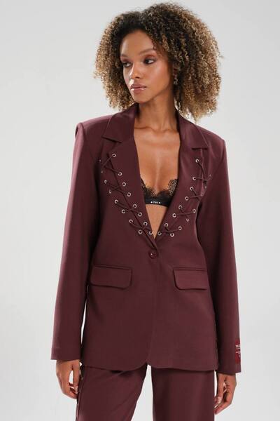 tw3 Women's Eyelet Lace Detailed Lined Design Blazer Jacket