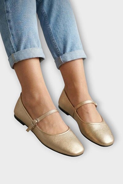 Liger Banded Belted Lightweight Comfortable Stylish Business Office Daily Women's Ballerinas Gold