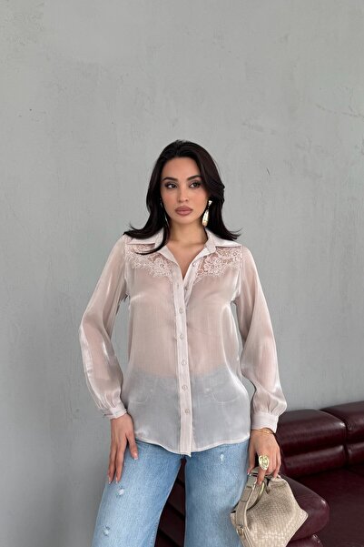 Serica Moda Stone Shoulder Lace Embroidered Shiny Chiffon Shirt