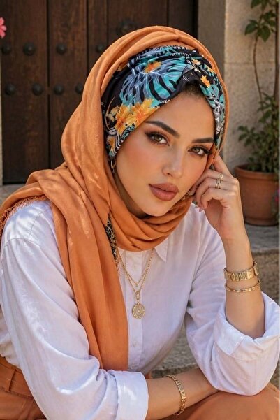 Aişe tesettür Mustard Green Detailed Ready-Made Drawstring Shawl