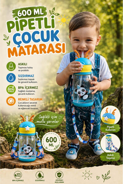Anadolu Saray 1'li 600ML Geyik Tasarım Pipetli Çocuk Matarası Askılı Sızdırma...