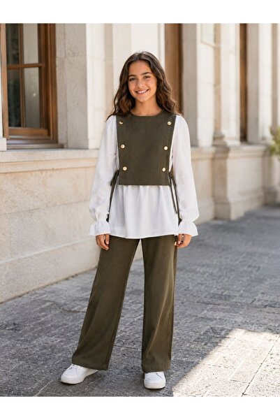 ASALEA Bayrama Special Girls' 3-Piece Linen Set. Vest, Blouse, Trousers (High...