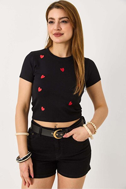 Raneel Kazançlı Alışveriş Women's Short Sleeve Red Heart Printed Black