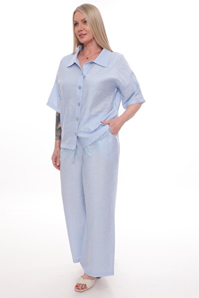zitex Lace Detailed Buttoned Linen Blend Stylish Plus Size Top and Bottom Set
