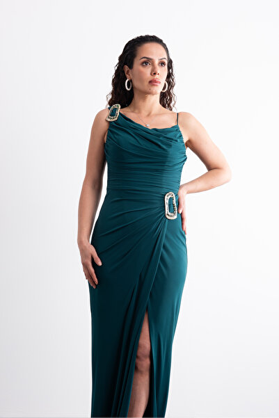 Mialora Long, Stylish Evening Dress with Shoulder and Waist Accessories, Drap...