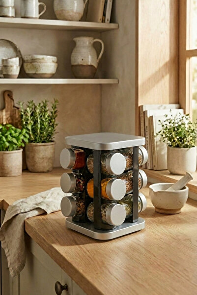 leelaHOME Set of 12 Square Spice Containers with Rotating Stand Silver 140 ml
