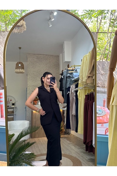 Butik Kadın Siyah Düğmeli Klasik Yelek ve Midi Etek Takımı