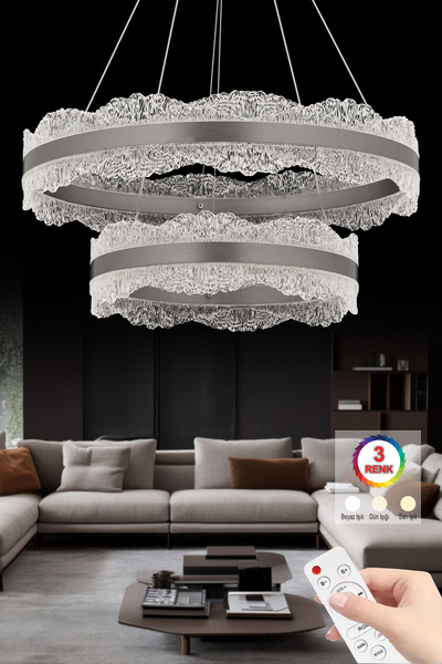 Luxira Aydınlatma Titan 2 katlı Gümüş Kumandalı 3 Renk Ledli Modern Led Avize