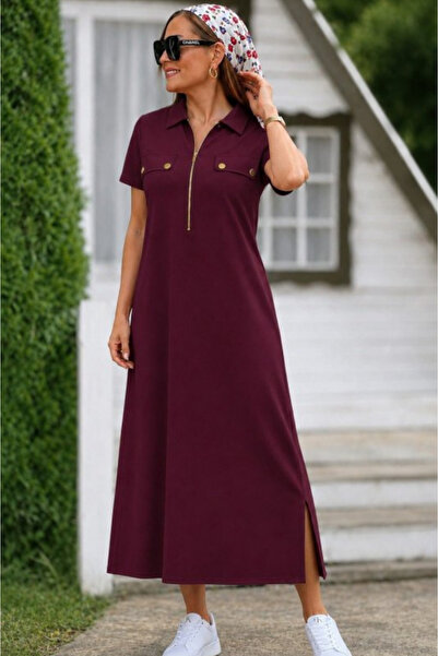 moda wanilia Kadın Kısa Kollu Yakası Fermuar Detaylı Yırtmaçlı Uzun Yazlık Vi...