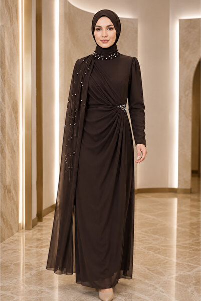 FERHEL Women's Pearl Detailed Tulle Cape Detailed High Collar Evening Dress -...