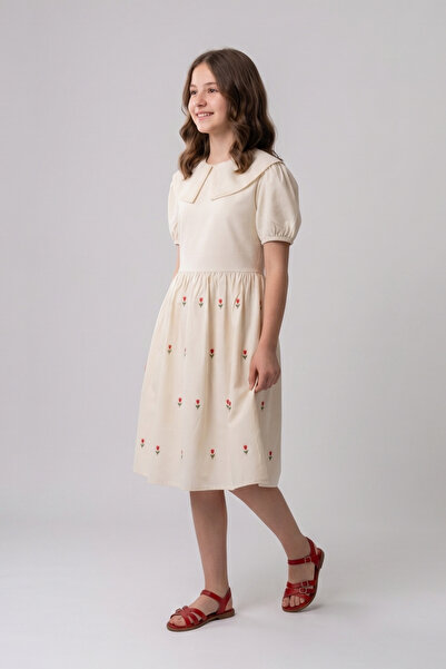 Pafim Girls' Viscose Dress, Tulip Embroidered Short Sleeve Summer Dress, 7-14...