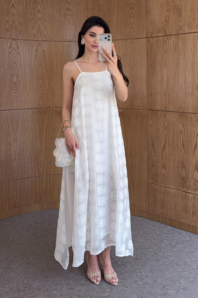 My Blog White Embroidered Strap Maxi Dress - 3437