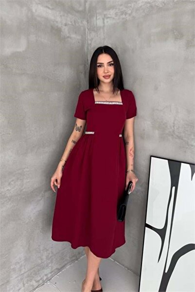 Dipmoda Women's Burgundy Square-Neck Stone-Detailed Skirt Draped Midi Length ...