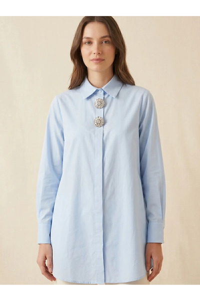 CRYSTALİA Kadın Oversize Gömlek - İkonik Taşlı Düğme Detaylı Şık Tunik