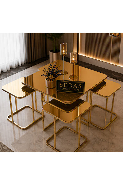 SEDAŞ LIVING UNITS Luxury Gold Aynalı Orta Sehpa Takımı 4+1 5'li set_lüx_seda...