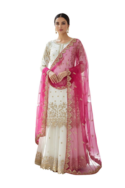 MYSMAR White-Pink Fandy Silk Embroidered Kurti Palazzo Set with Net Dupatta -...