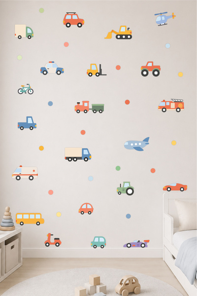papermoods Pastel Renkler Arabalar Araçlar Çocuk Odası Duvar Sticker Seti