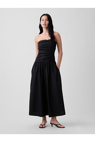 GAP Kadın Siyah Poplin Drop-Waist Maxi Elbise