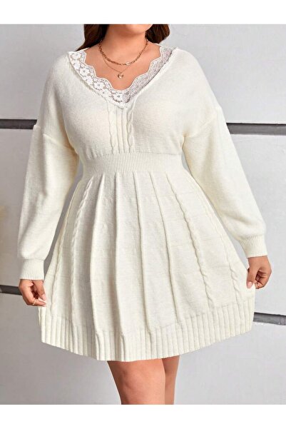 Iuliashop Delya White Short Knitted Dress - Plus Sizes - 44