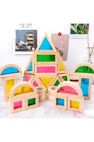 OEM Set forme geometrice din lemn cu ferestre colorate tip Montessori, 24 pie...