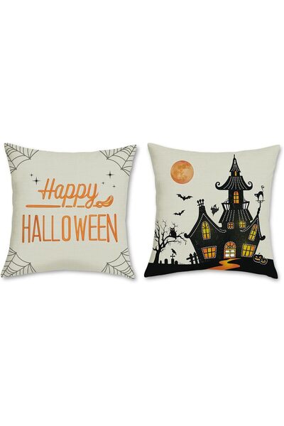 Bonhause 2-Piece Halloween Pillowcases Grey 45x45cm Castle Black Orange Polye...