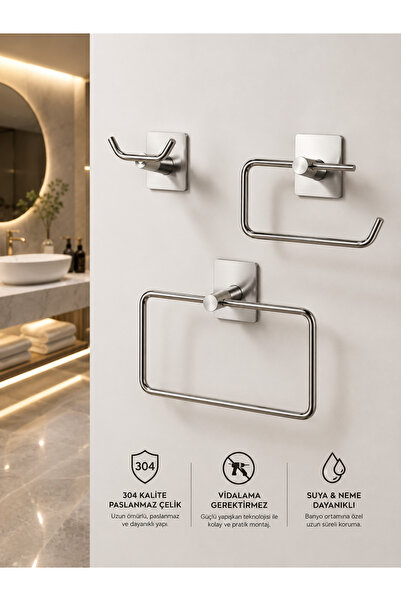DMR VESTA Modern 304 Paslanmaz Çelik Ypıştırmalı Banyo Aksesuar Seti | Havlul...