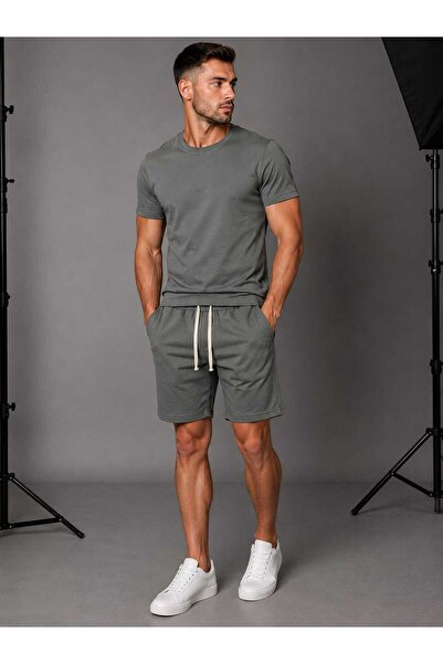 ANATOLIATEKSTILE Set Bărbați Tricou + Pantaloni Scurți Bleumarin Închis, Slim...