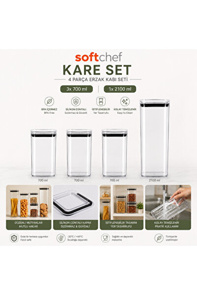 Square Set Supply Container 4 Pieces BPA Free Storage Container Set 3x700 ml + 1x2100 ml