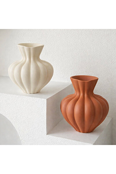 Lui Tasarım Set of 2 Bohemian Style 20 cm Ceramic Modern Cream Color Handmade...