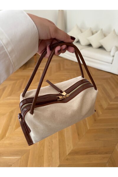 Tina İstanbul Linen Mini Hand and Shoulder Bag with Leather Strap - Tan