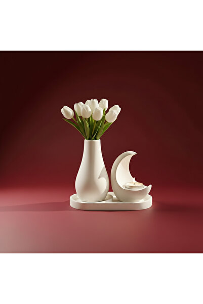 CANSEB Elegance 3'lü Hilal Mumluk&Vazo Set (Mum Hediye) - Ekonomik Seri