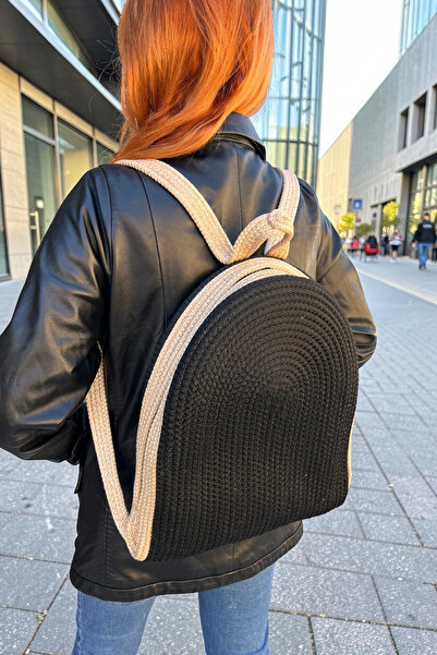 KAAN HOME Rucsac negru crem, lucrat manual, cu buzunar interior cu fermoar, m...