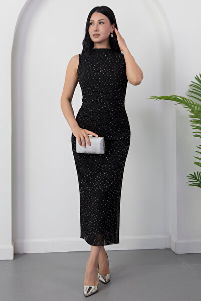 PULLIMM Oval Neck Draped Stoned Tulle Dress Dks1449