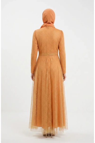 sefamerve Silvery Tulle Detailed Belted Hijab Evening Dress 5704-07 Mustard