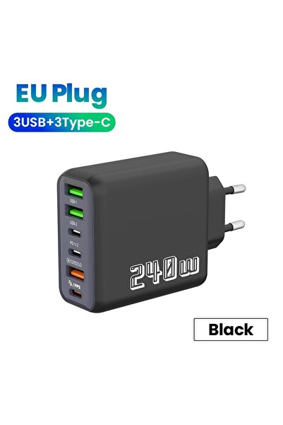 Choice4 شاحن أسود أوروبي 240 واط بـ 6 منافذ USB-C، شحن سريع PD3.0 QC3.0، محول...