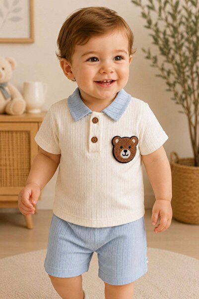 dinamik çocuk Baby boy teddy bear embroidered polo collar openwork 2-piece su...