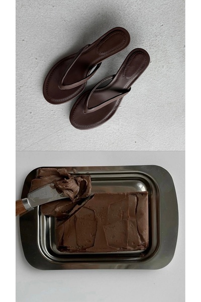 Eataly Shoes Arel Acıkahve Matte Leather Flip Flops with Heels