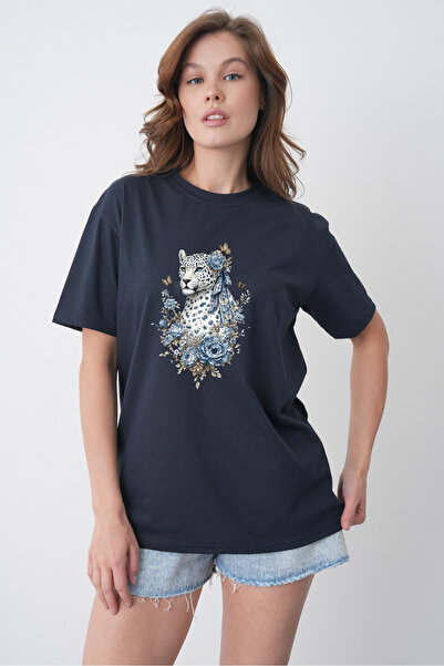 TREND EMMODA Tricou casual pentru femei, cu decolteu rotund, cu imprimeu leop...