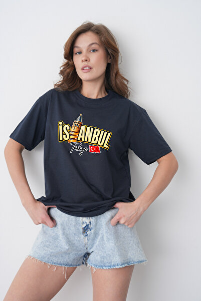 TREND EMMODA Tricou de damă Istanbul cu detaliu scris cu Turnul Galata și Tur...