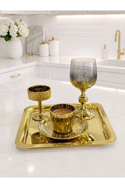 isra kristal Orlina Gold Coffee Presentation Set with Tray, Coffee Cup, Turki...