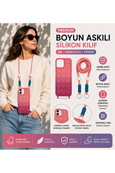 Nettech iPhone 15 Pro Premium Boyun Askılı Silikon Kılıf Kamera Korumalı