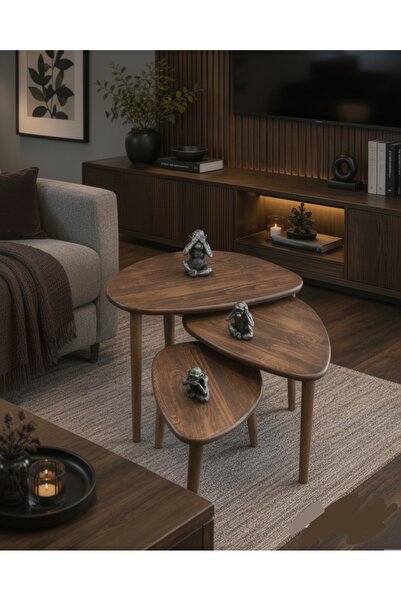 Senka Wood Doğal Masif Ahşap Modern İskandinav asimetrik 3lü Zigon sehpa takı...