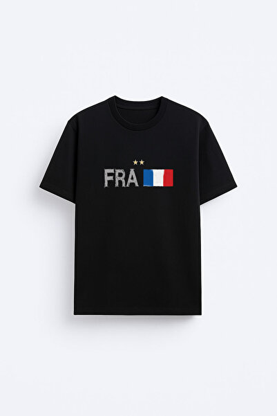AYDESİGN France Flag Printed Cotton Fabric Black T-Shirt T-Shirt