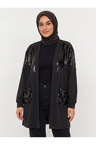 Suem Butik Siyah Pul Payet Detaylı Oversize Hırka